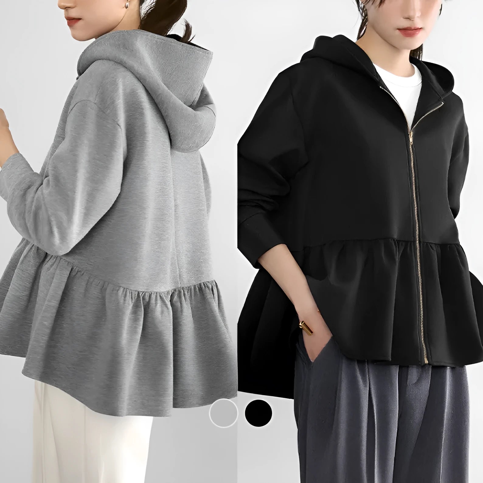 Japanese Korean style women's hooded sweatshirt jacket in gray, loose fit with petal sleeves