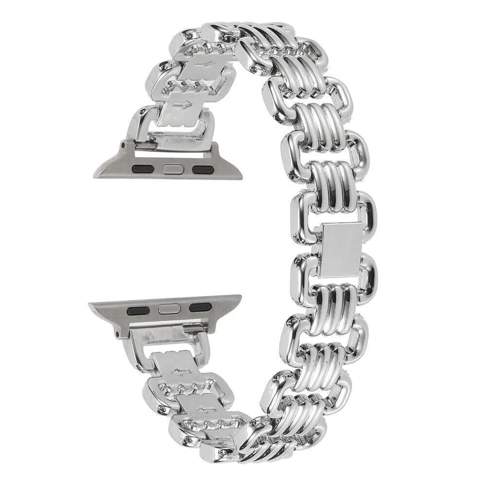 Alloy metal Apple Watch bracelet in silver, black, gold, rose gold and Starlight colours for 38mm to 49mm models.