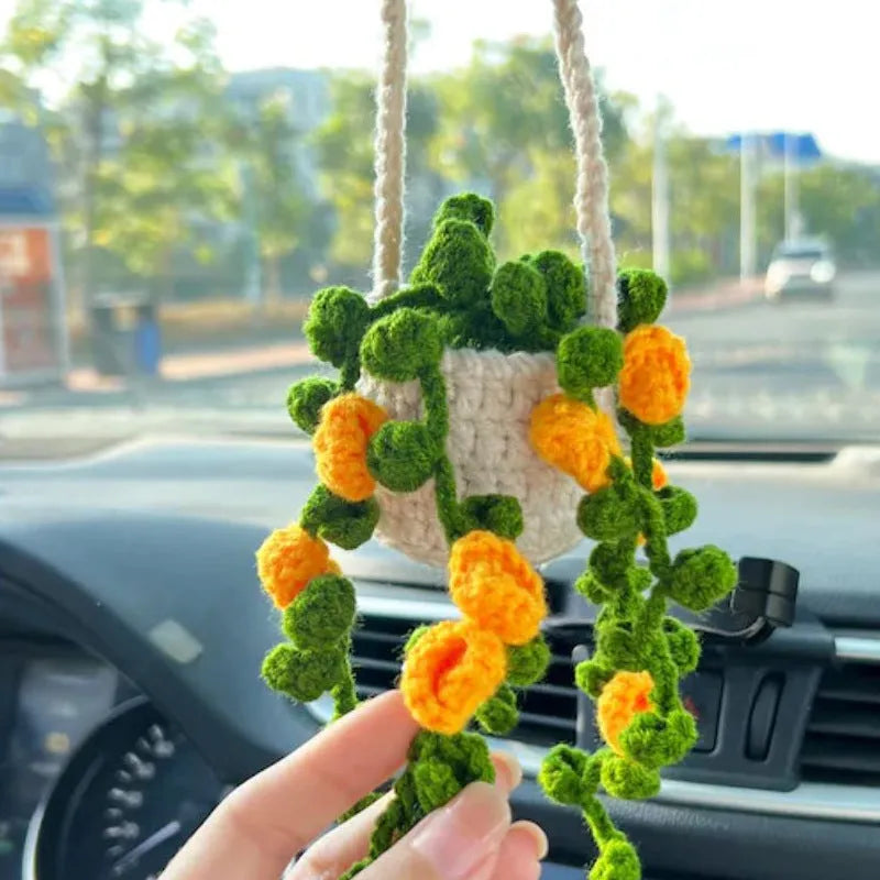 Knitted wool car plant decoration with green and white pattern, 8cm basin and hanging cord