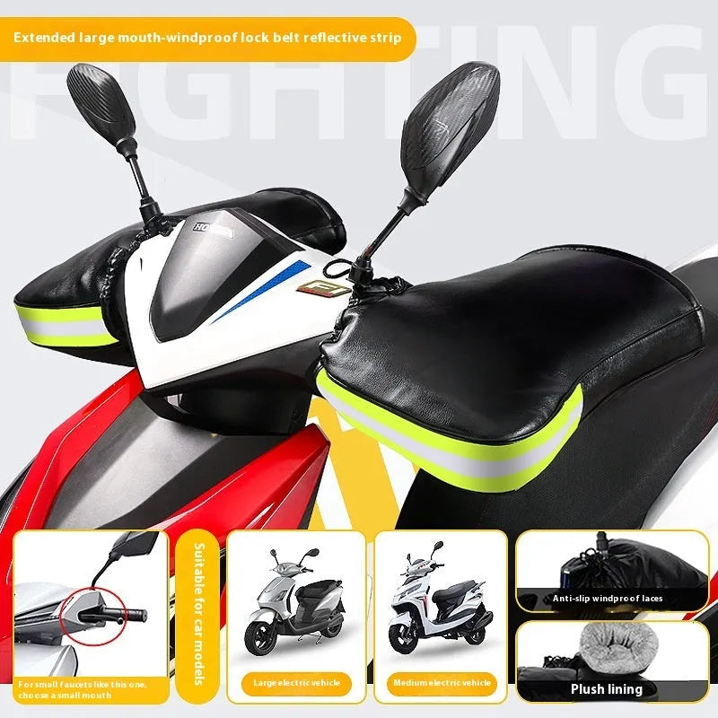Electric motorcycle winter thermal waterproof handle grip gloves with fleece lining in gray reflective stripe style