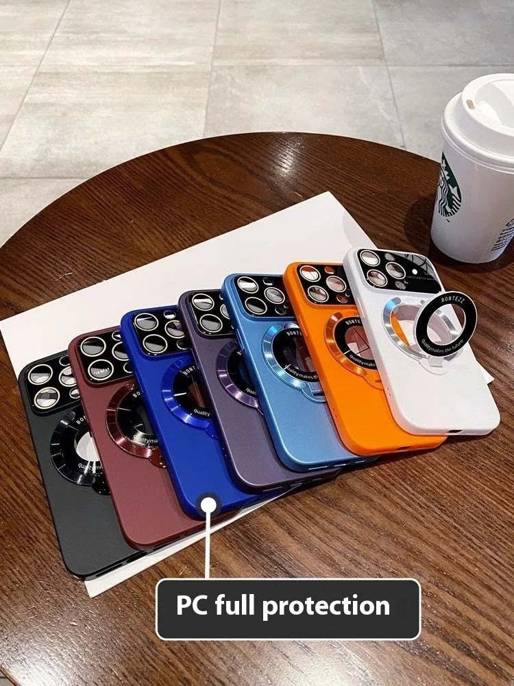 Magnetic flip iPhone case with lens protection, bracket, and PC cover in black