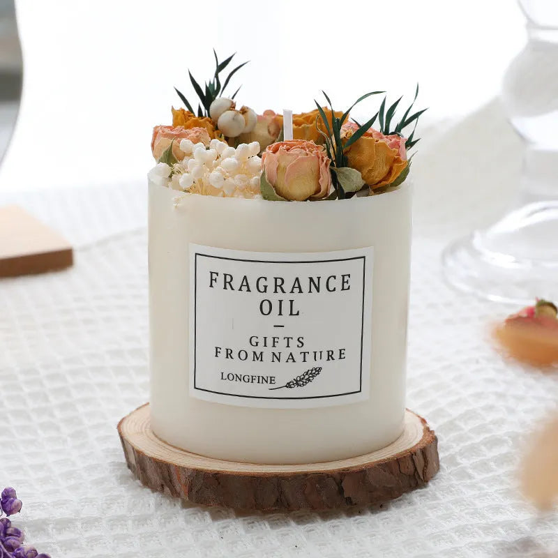 Dried flowers decorative aromatherapy candle with wooden chip base gift packaging