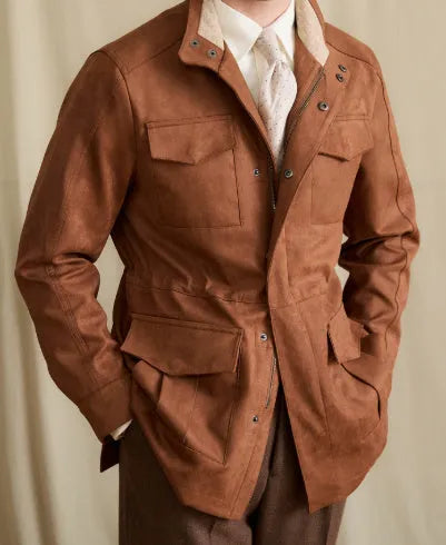 Women's faux suede cowhide safari jacket with stand collar and slim waist in coffee colour