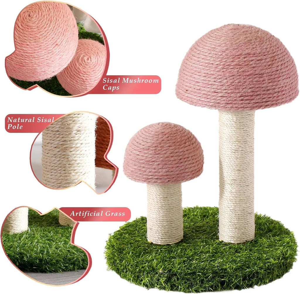 Pink mushroom-shaped cat scratching post with natural sisal fibre covering, for kittens and small cats.