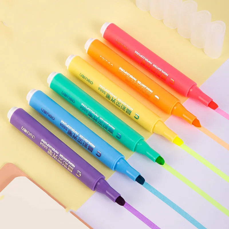 Deli S605 oblique chisel tip highlighter marker pens in macaron, crystal and dark colour sets.