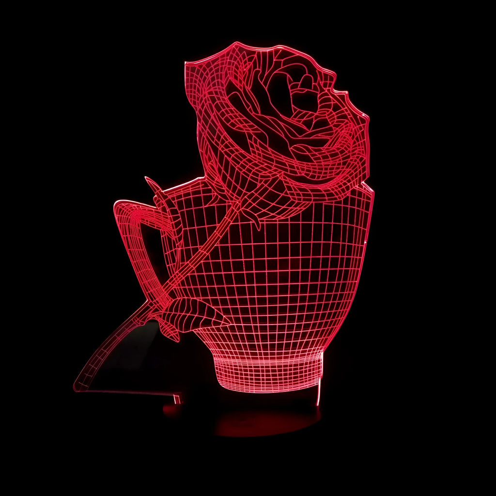 3D rose flower design night light showing colour change on acrylic panel with ABS base.