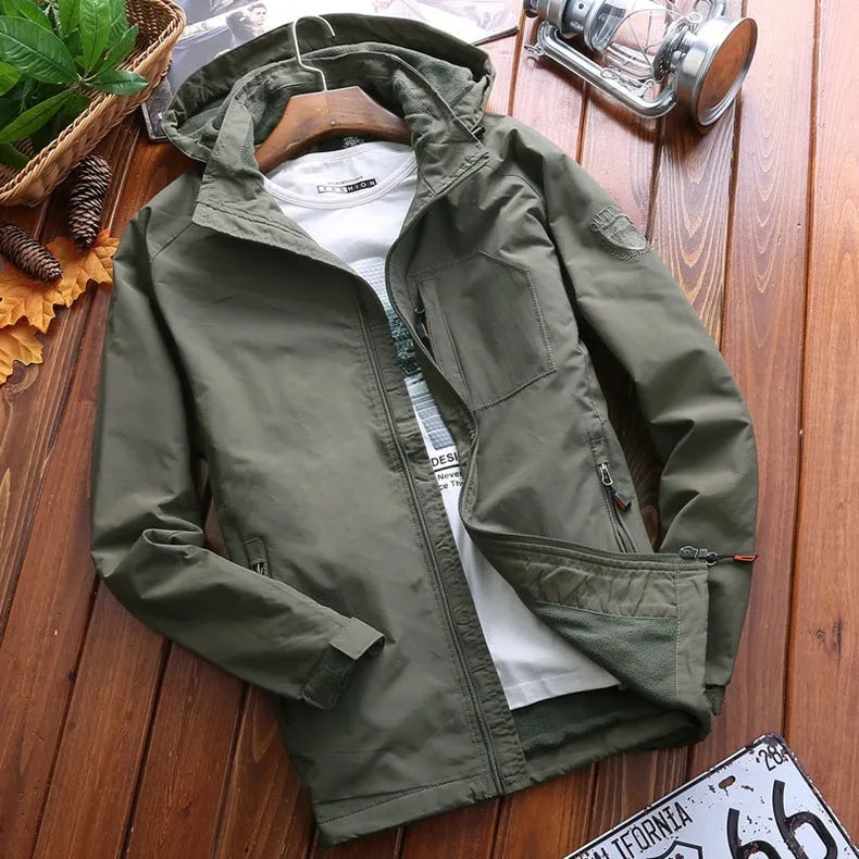 NIANJEEP men's fleece-lined outdoor jacket, long sleeve, Army Green mountaineering coat