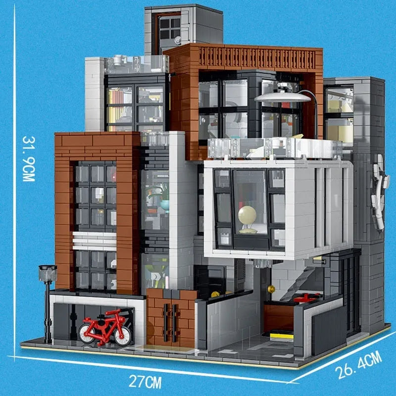 Plastic building block set for constructing a modern villa model with small particle parts