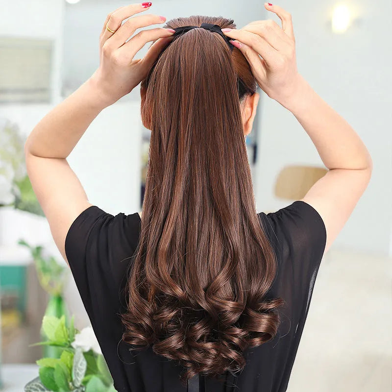 Ladies wig ponytail in medium long length with high temperature wire, available in black and brown shades, sizes 45CM and 55CM