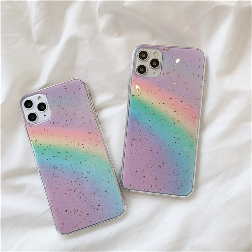 Rainbow gradient striped TPU protective case for iPhone models on a white background.