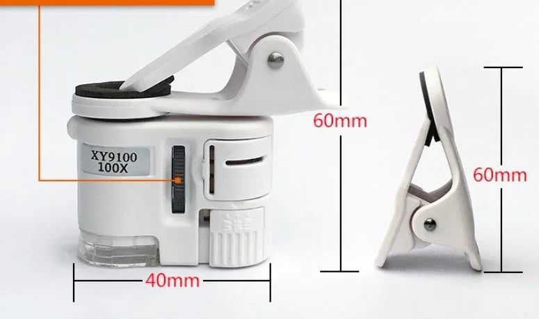 Digital microscope camera clip for cell phone with 60X magnification and LED light