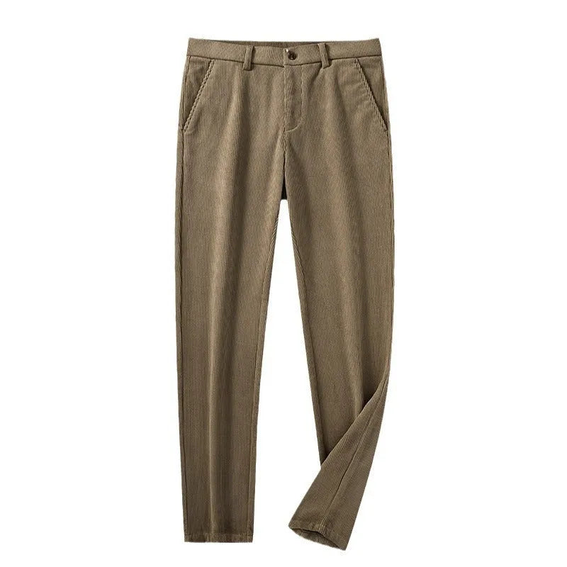 Men's British retro-style long straight striped pants in a chemical fibre blend, shown with a zip fly.