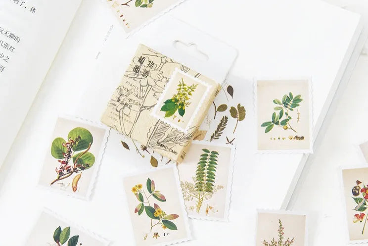 45 piece vintage plant sticker set on coated paper with botanical illustrations