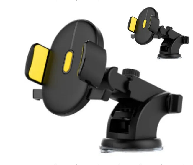 Yellow and black telescopic car phone holder with suction cup mount on a dashboard