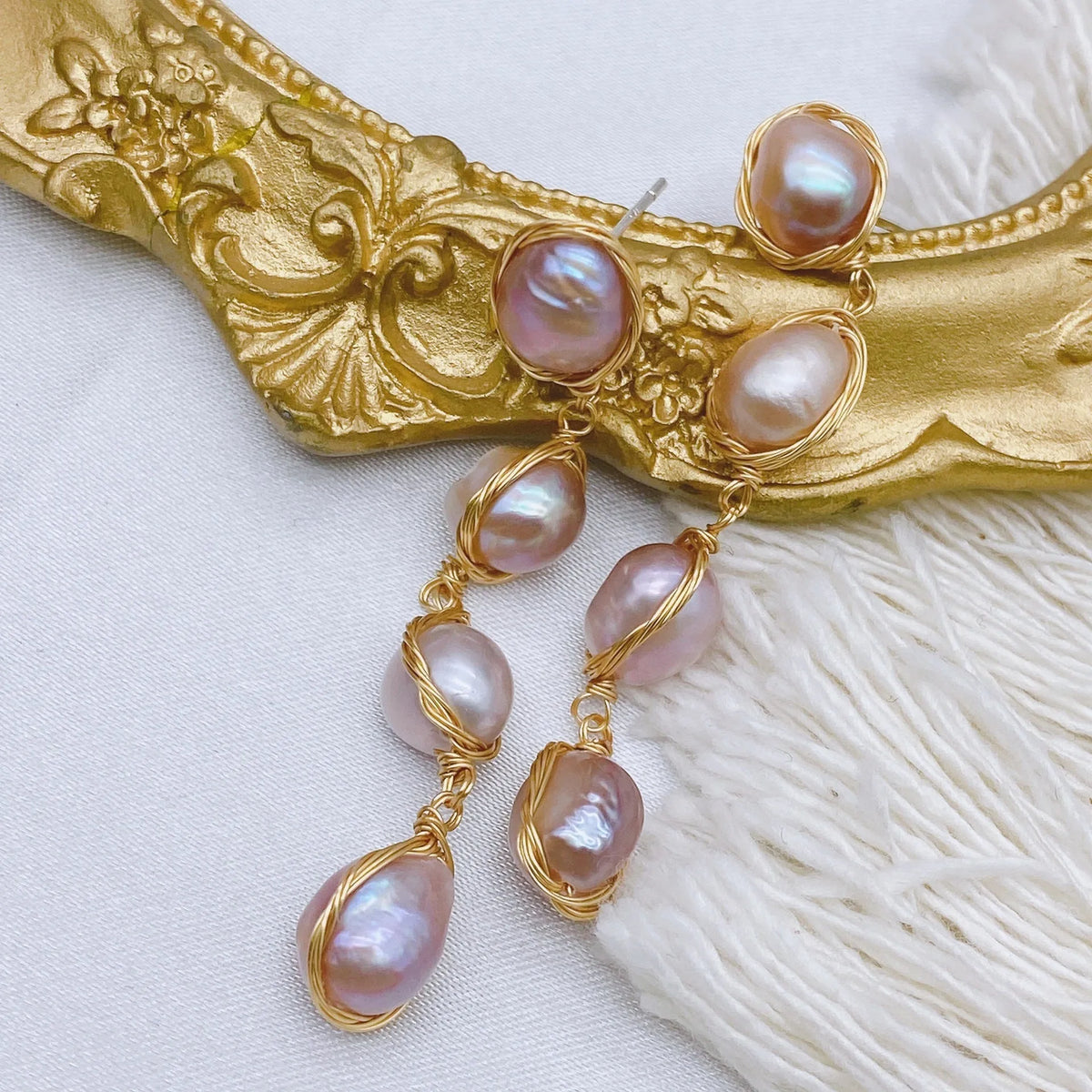 Handmade natural pearl drop earrings with tassel detailing in white colour for women
