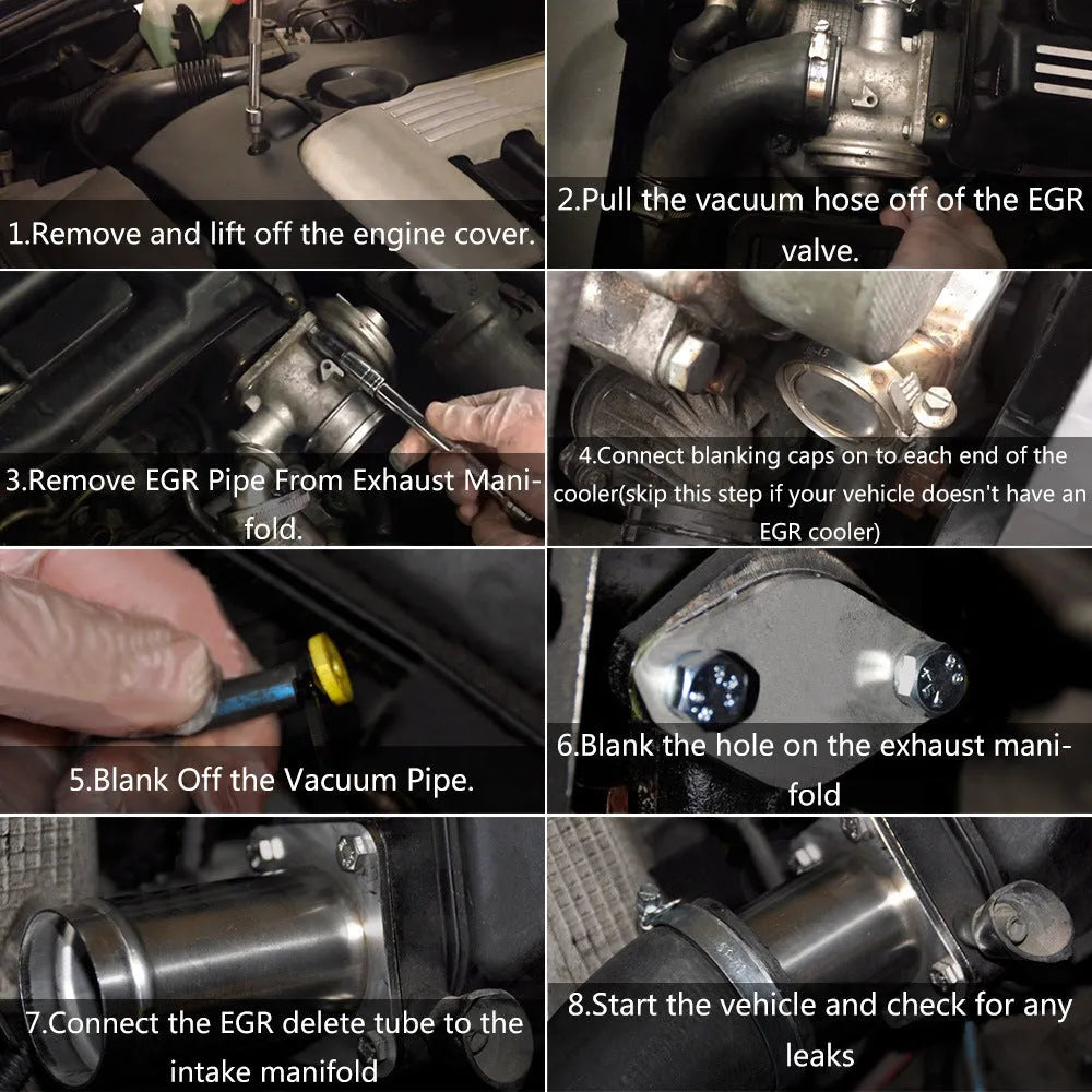 BMW E46 diesel EGR delete kit showing removal pipe, blanking plates, bolts, vacuum plug, and cable ties