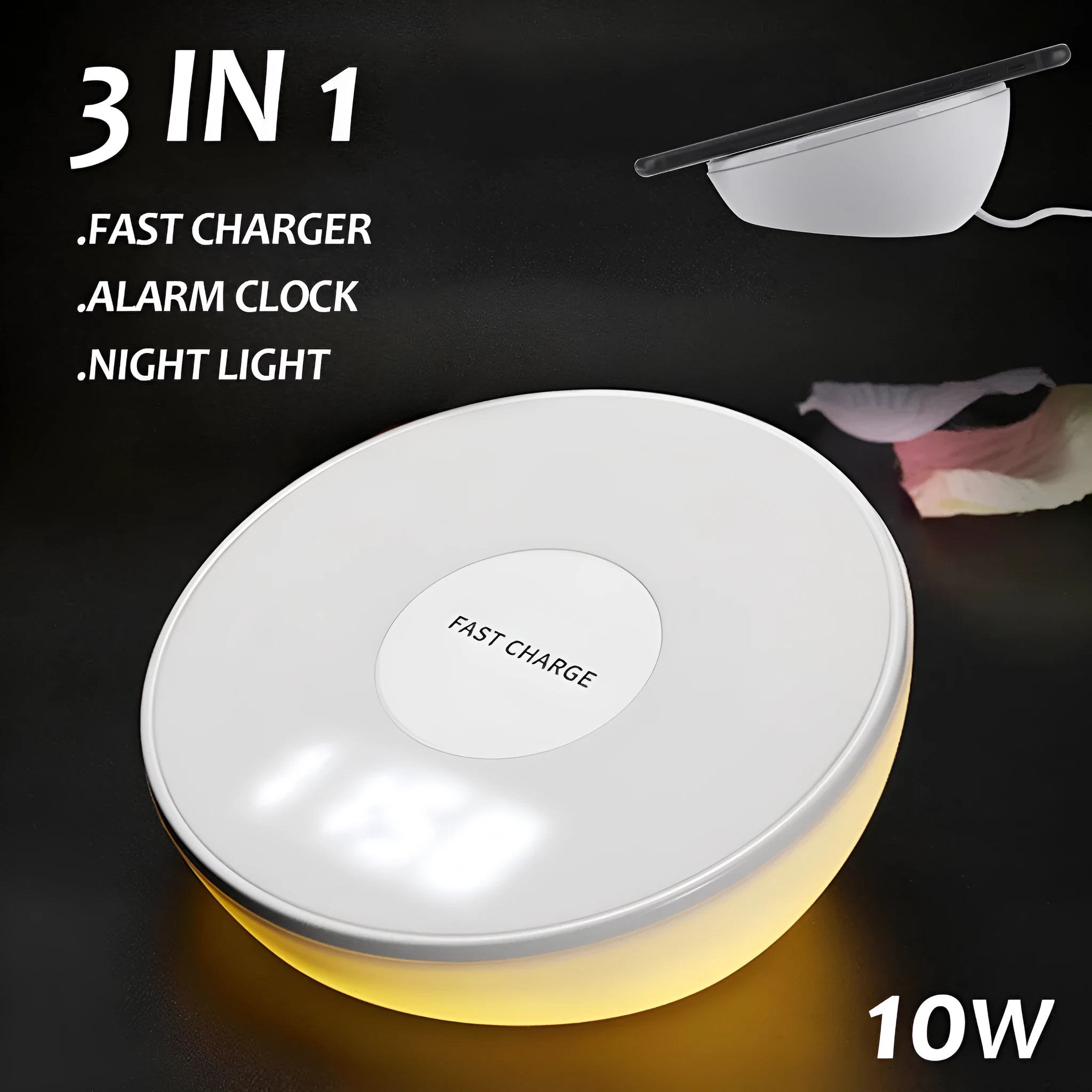 White wireless charging pad with digital clock display and control buttons for QI smartphone charging