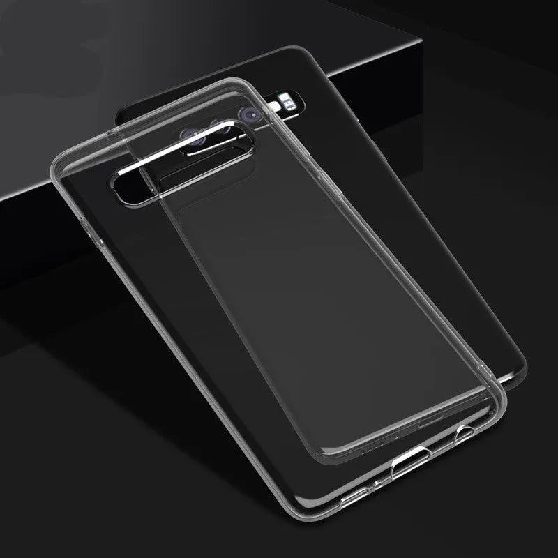 Transparent TPU phone case for Samsung S10, S10e and S10 Plus models showing front and back views
