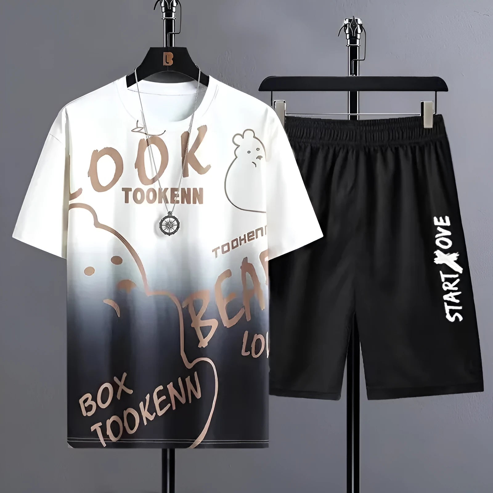 Mens light grey shorts suit with short sleeve top and matching shorts for summer wear