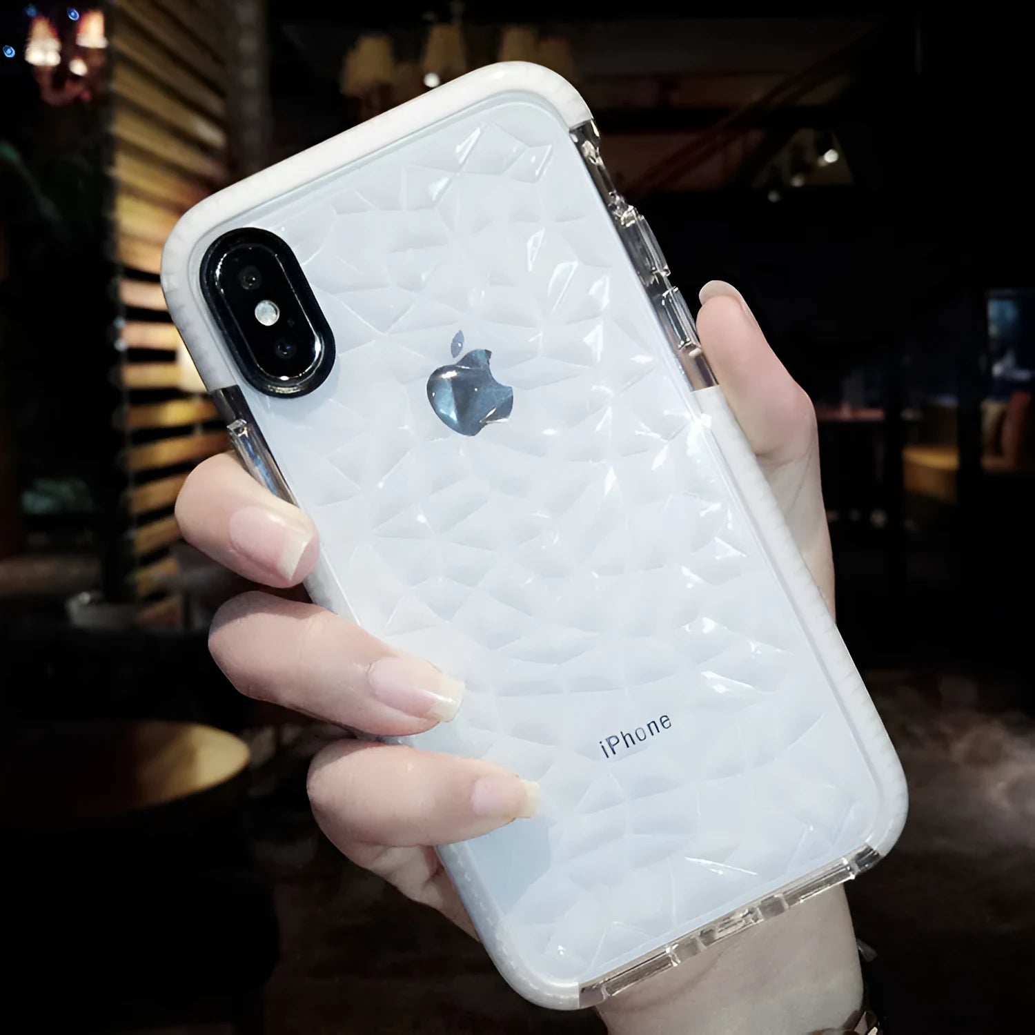TPU iPhone back cover case with a striped pattern, shown in pink edge, white edge, and black border colour options.