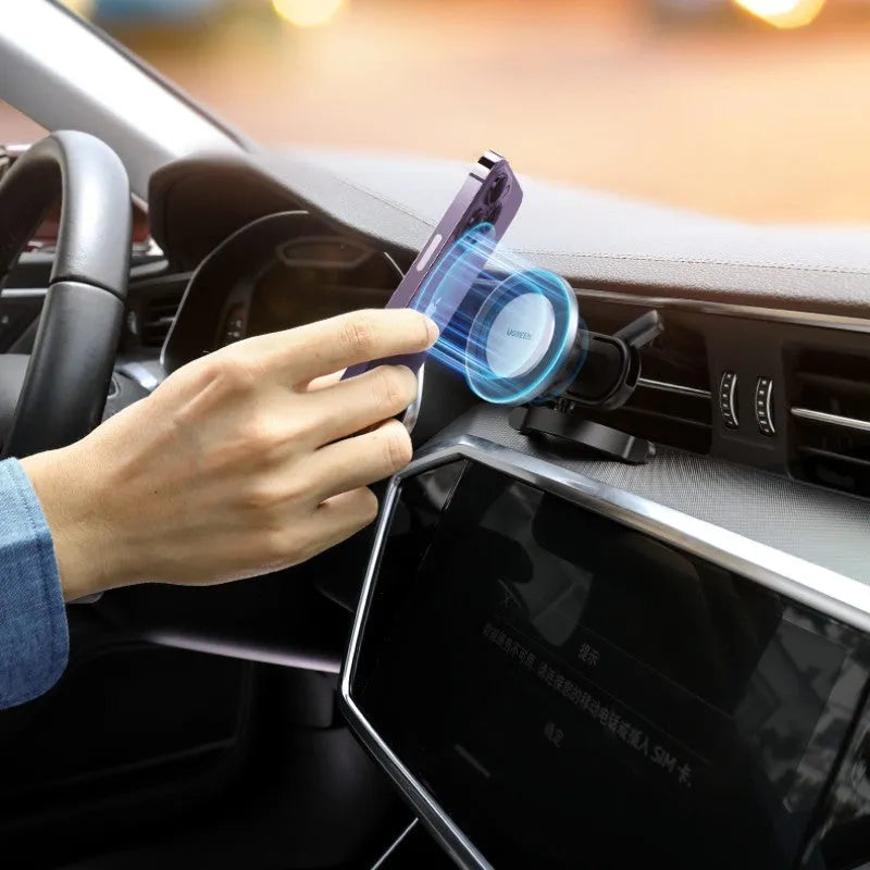 Black magnetic suction phone holder for car air outlet with N52 neodymium magnet and 360-degree rotation, 67g.