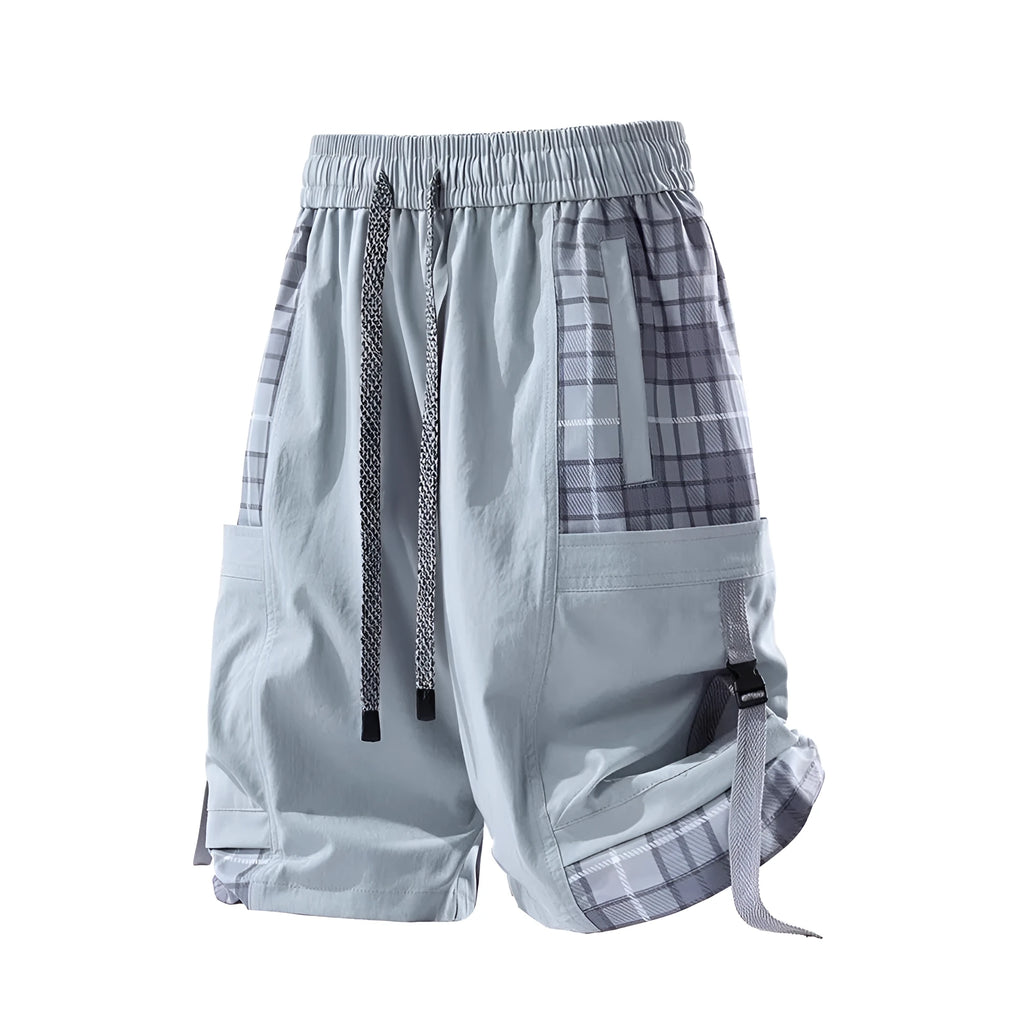 Man's loose-fit cargo shorts in grey with plaid stitching detail on the legs.