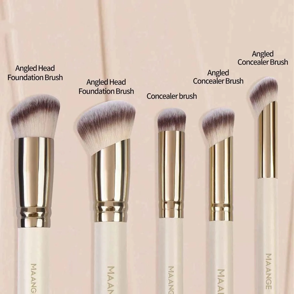 Apricot coloured MAANGE angled blush brush and 4-piece makeup brush set on white background