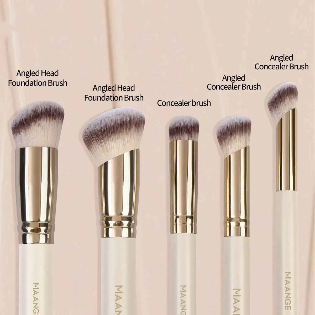Apricot coloured MAANGE angled blush brush and 4-piece makeup brush set on white background