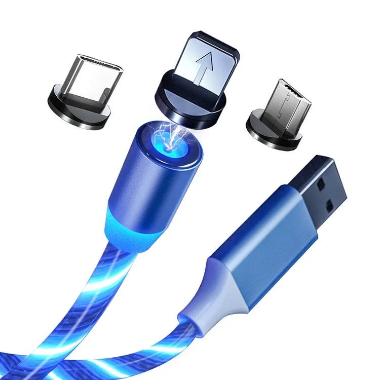 Colourful streamer magnetic three-in-one USB data cable, 1m TPE lead with Micro USB, TYPE-C and Apple-compatible connectors