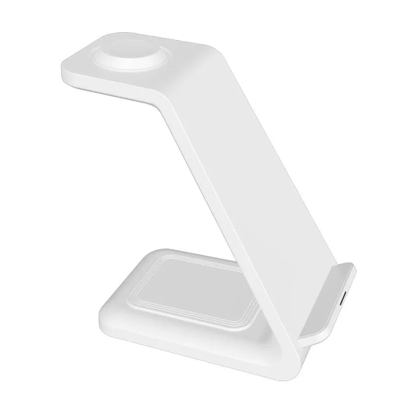 White adjustable wireless charging phone stand showing phone in portrait orientation on charger