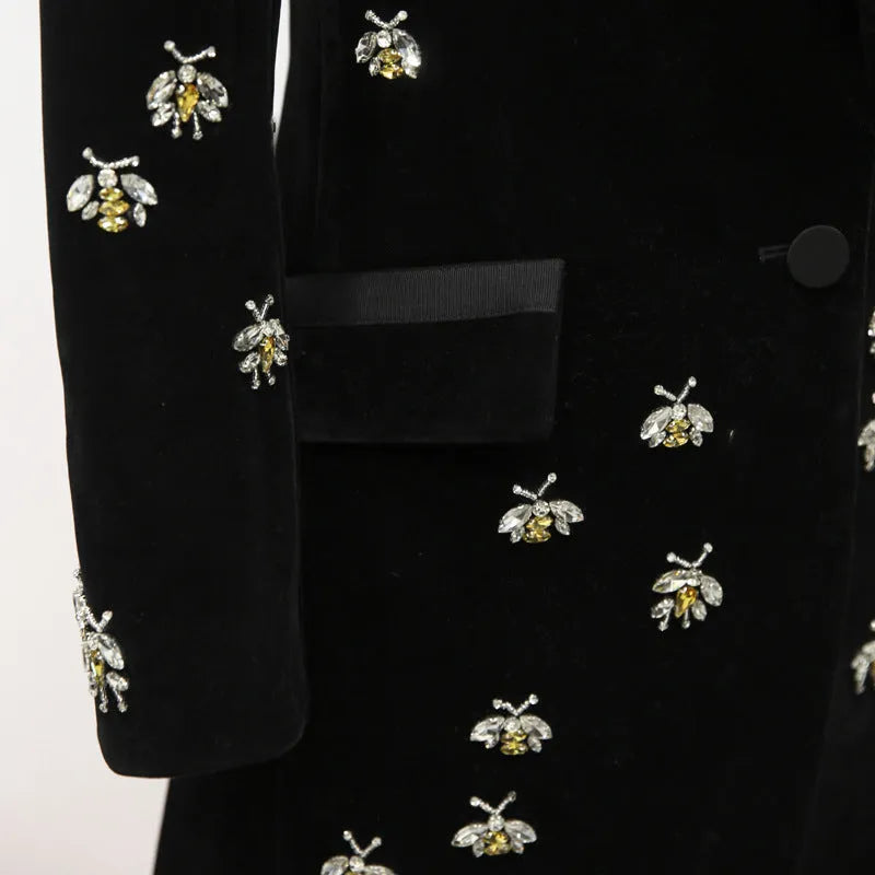 Black velvet blazer with cashmere main fabric, animal pattern, suit collar, long sleeves and slim OL commute fit.
