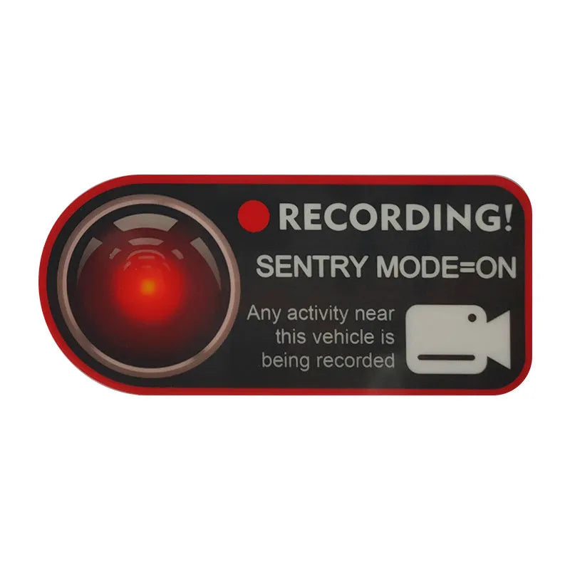 Tesla Sentry Mode electrostatic warning sticker measuring 11x5cm with English security text
