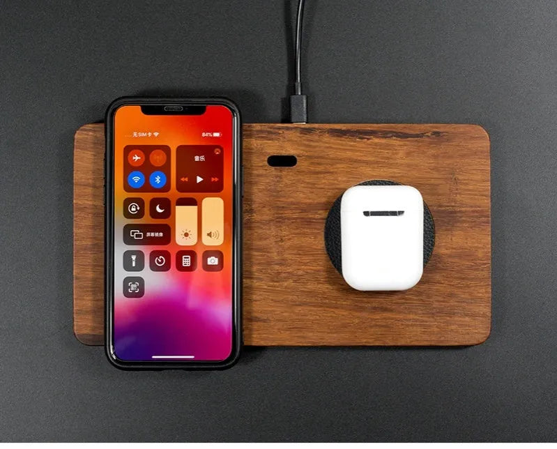Wooden desktop horizontal wireless phone charger in heavy bamboo or black walnut solid wood with 7.5W 10W output