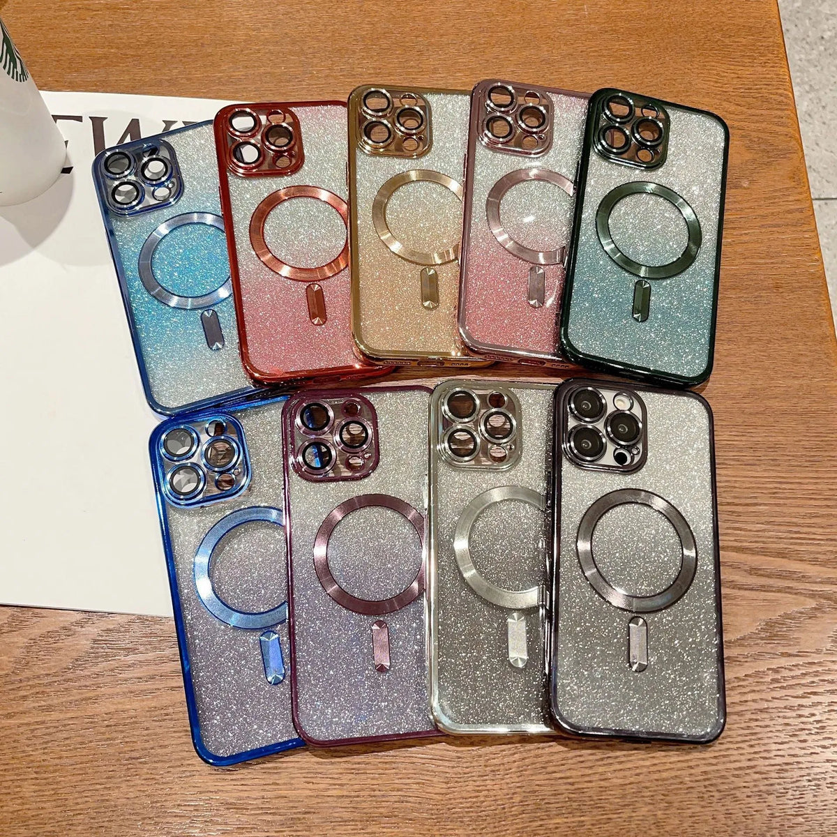 Electroplating magnetic mobile phone protective cover for Apple iPhone showing front and back with reflective finish and cutouts