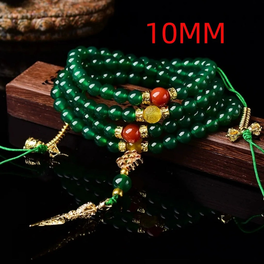 Brazilian natural green agate multi-circle bracelet for men and women on a wrist.