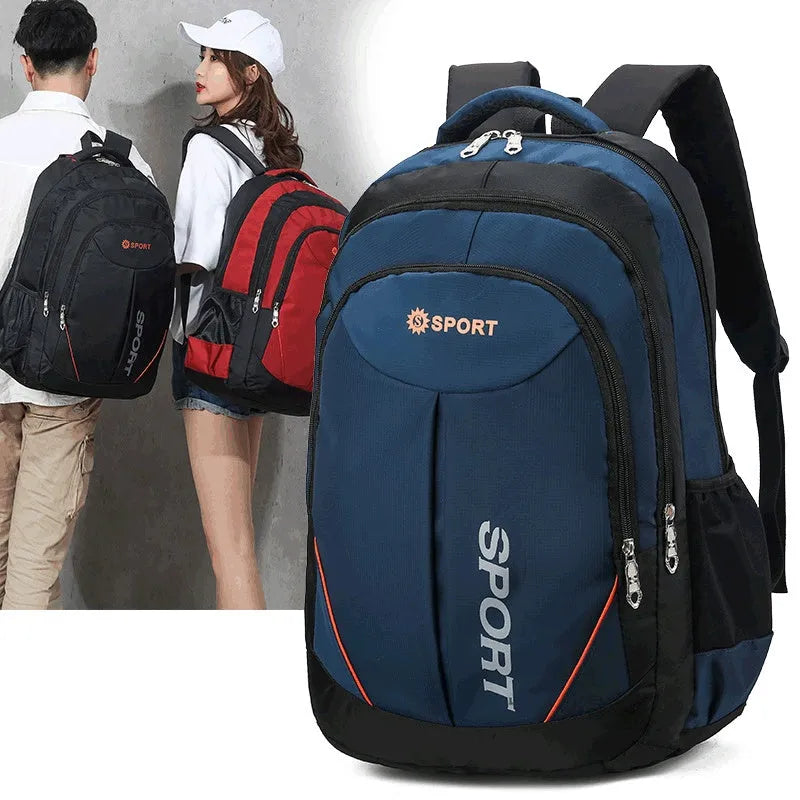 Men's large nylon backpack in black with curved shoulder straps and letter detailing, showing front and side views