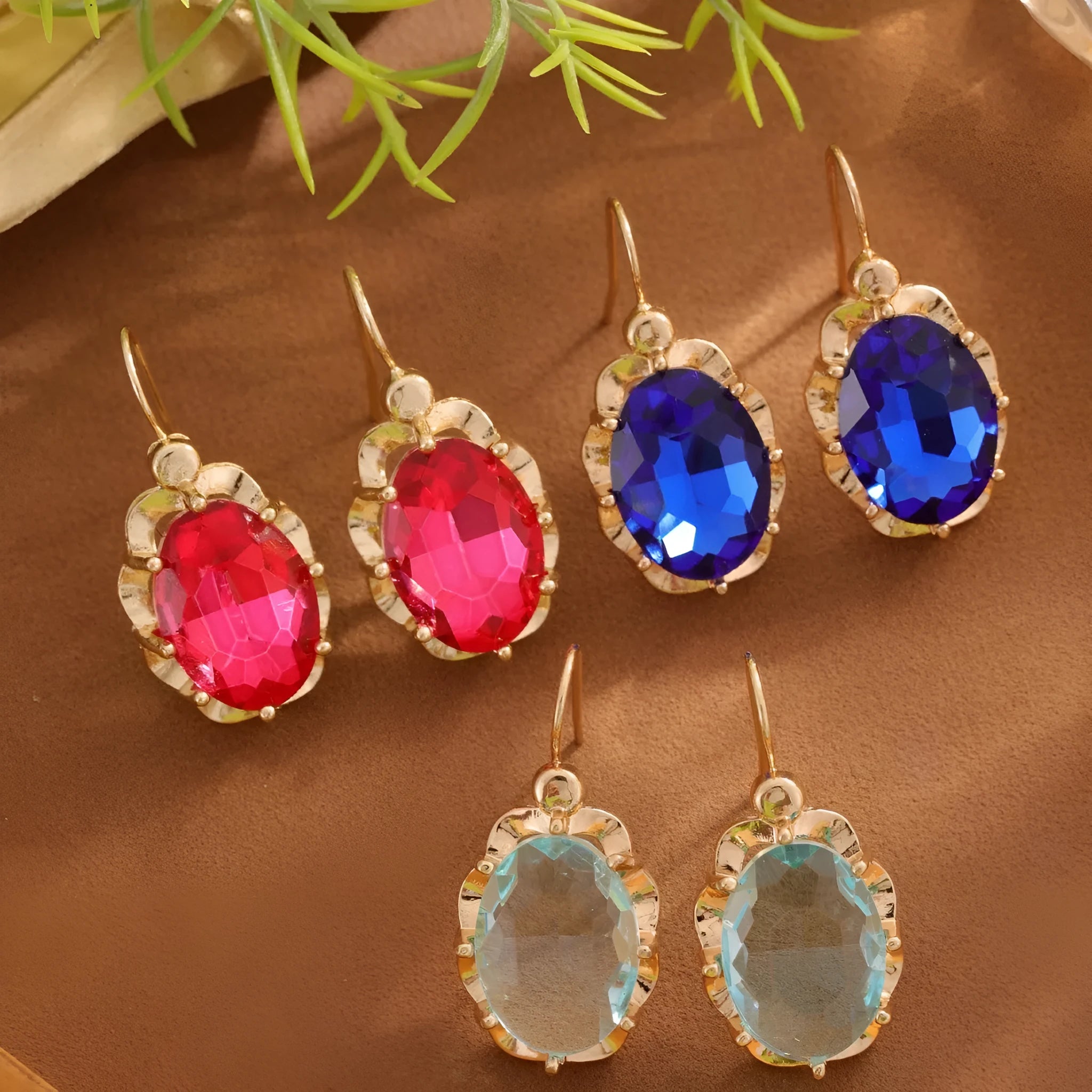 Personalised diamond studded niche temperament earrings in light blue, rose red, and royal blue colour options