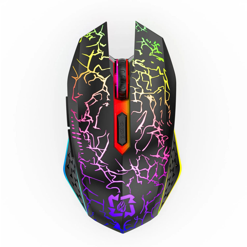 Black and white wireless gaming mouse with RGB lighting, shown with charging cable