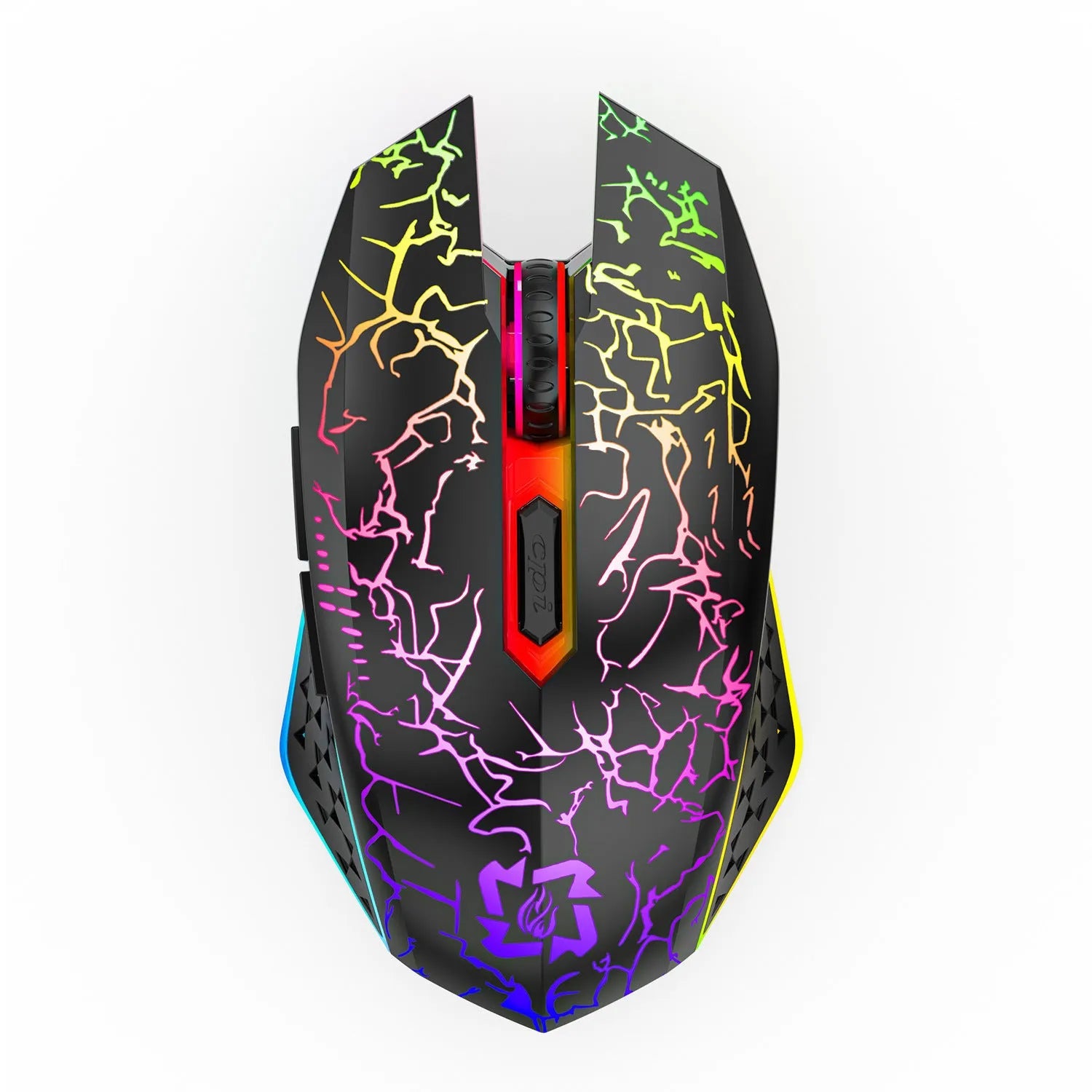 Black and white wireless gaming mouse with RGB lighting, shown with charging cable