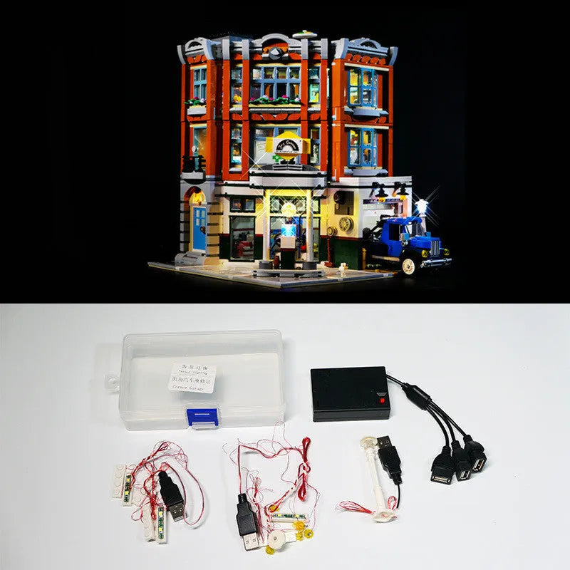 MOC building block LED lighting accessory kit with plastic parts for corner repair shop models