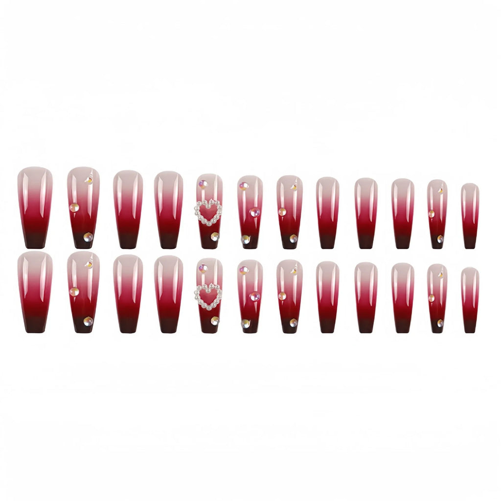 Wine red plaid false nail tips with pearl heart gradient, includes jelly glue and rubbing clause