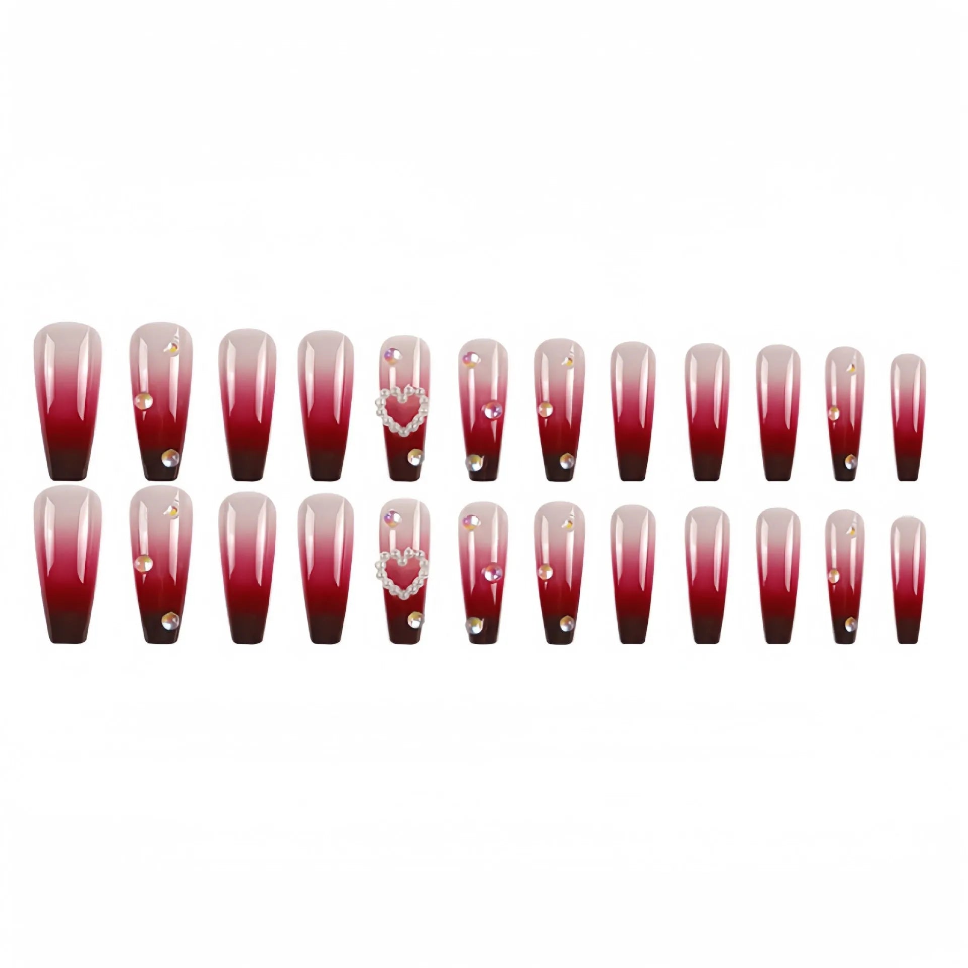 Wine red plaid false nail tips with pearl heart gradient, includes jelly glue and rubbing clause