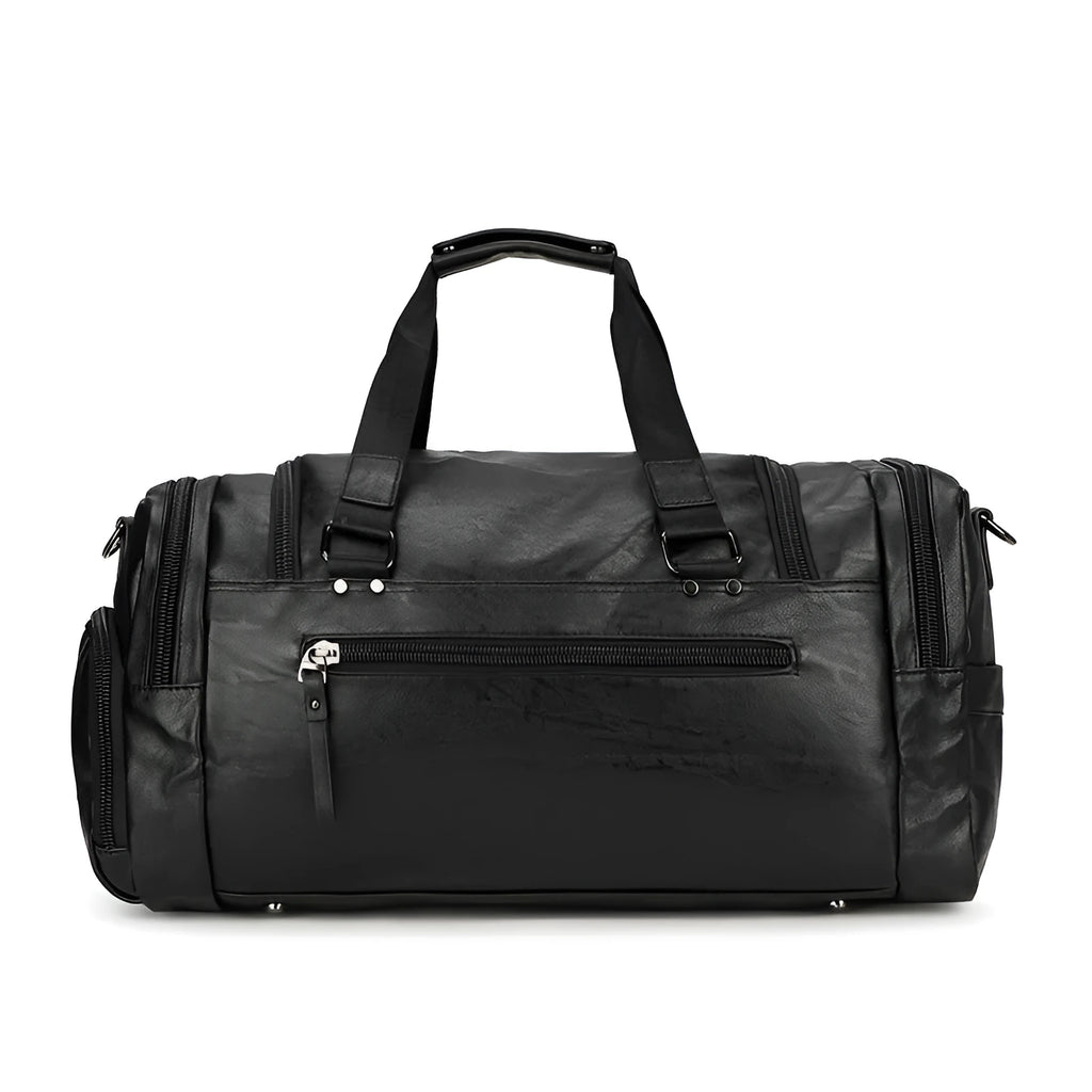 Black large capacity travel holdall with a separate shoe compartment.