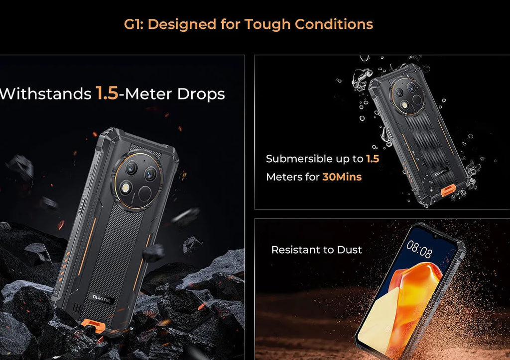 OUKITEL G1 mobile phone in grey, green and orange colour options with charger and manual