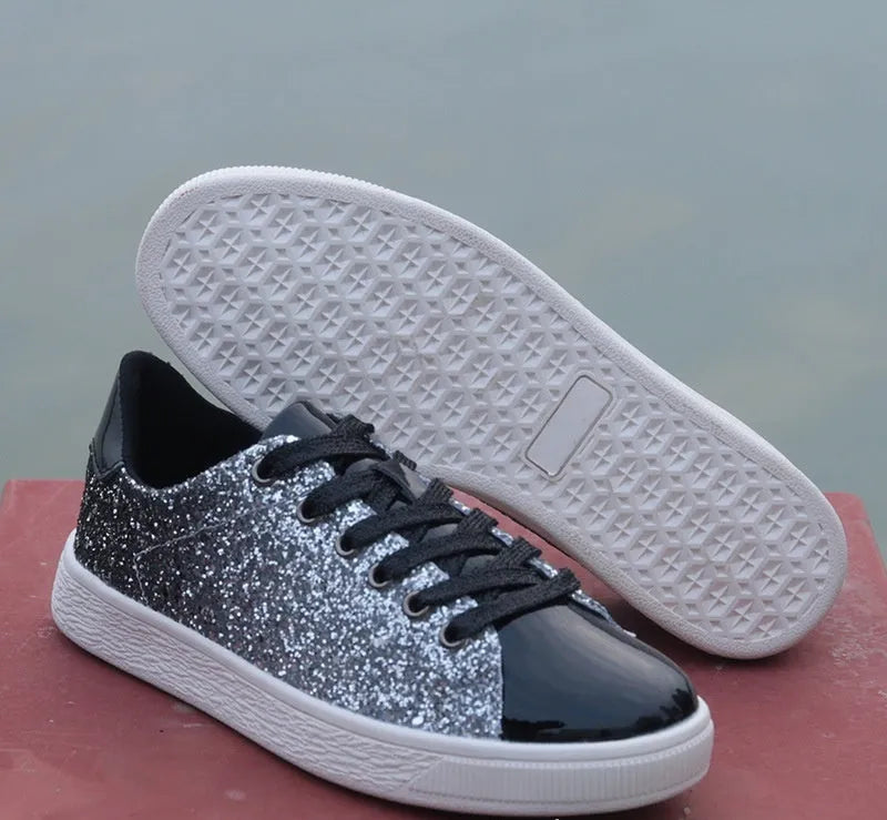 Women's colourful sequin low-top casual shoes with round toe and lace-up closure
