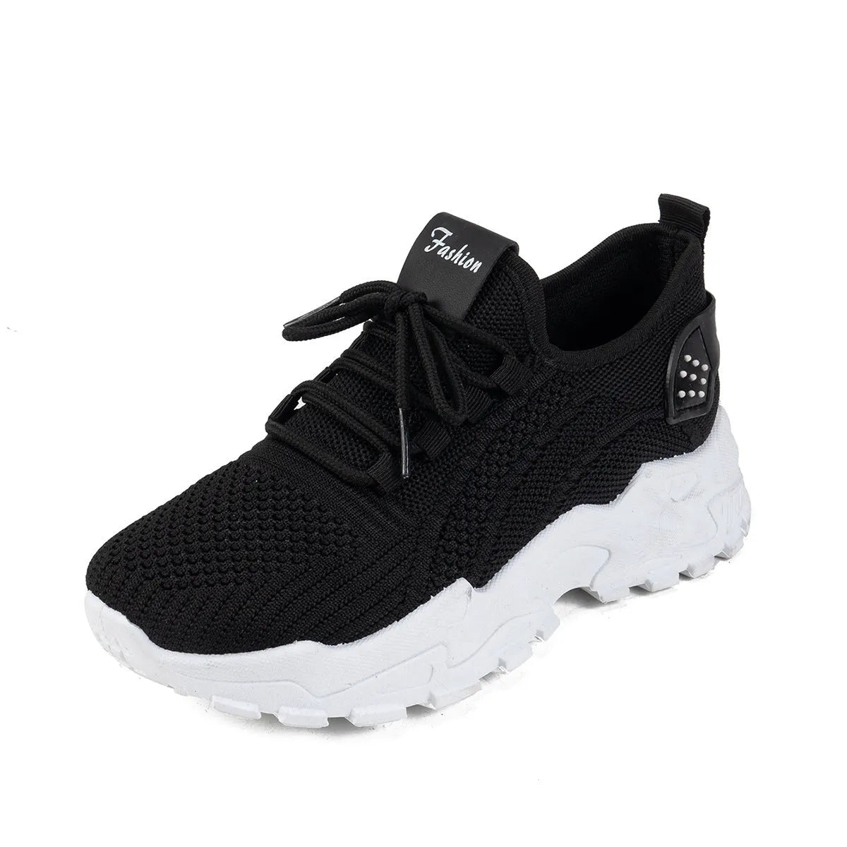 Women's Flyknit mesh casual sports shoes in various colours with flat heel and lace-up front.
