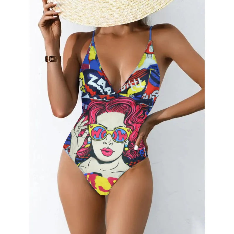 Plus size blue one-piece swimsuit with backless design on a mannequin, showing high elasticity fit.
