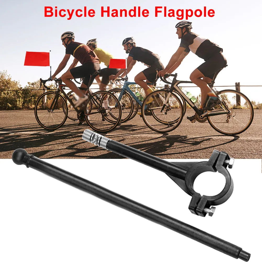 A square polyester cycling flag on a plastic pole, mounted on bicycle handlebars.