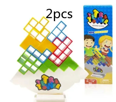 Plastic balance stacking tower game with coloured blocks on a base for kids and adults