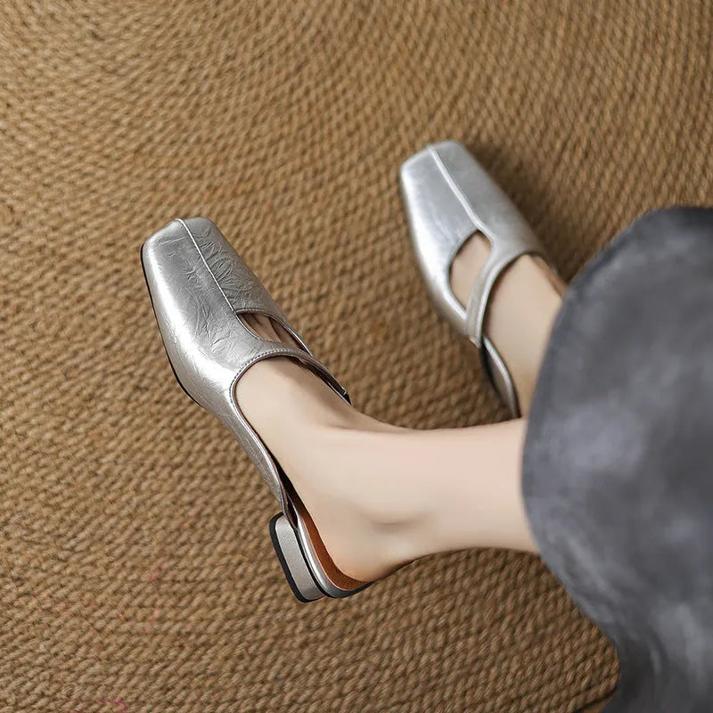 British style square toe low heel outdoor slippers in black, beige and silver colours.